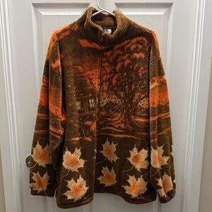 VINTAGE Brown and Orange Fleece Jacket with Leaf Pattern